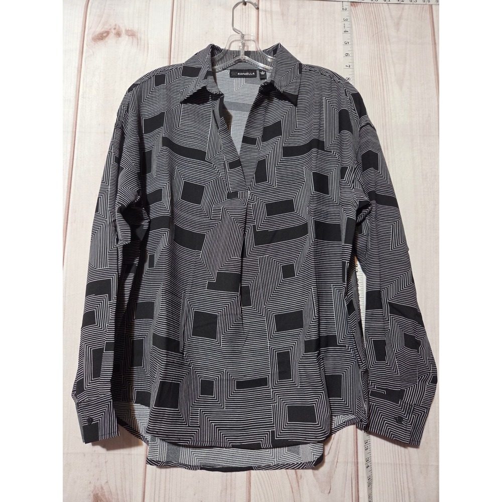 Rafaella Womens Small Black White Geometric Woven Top Crepe High Low Blouse